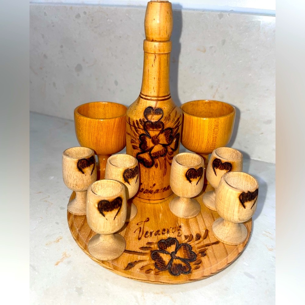 Miniature Hand Carved Wooden Drink Set from Mexico